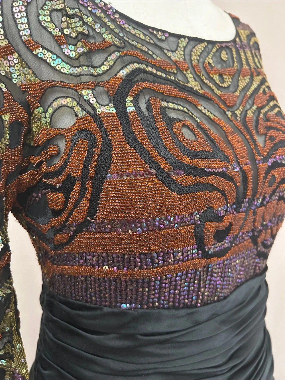 VTG  Neil Bieff Sequin beaded top maxi taffeta tulle lined cocktail opera dress